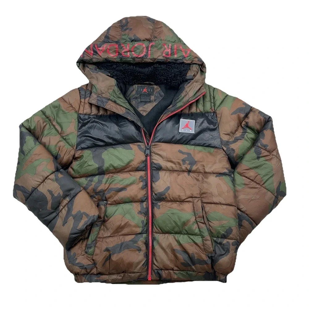 Air Jordan Puffer Jacket Boys Large Green Cano Full Zip Hooded Youth Jumpman‎ *